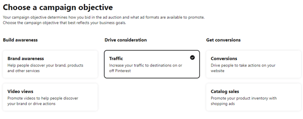 Campaign objective Pinterest screenshot