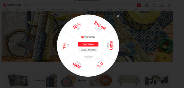 Screengrab of Overstock prize wheel